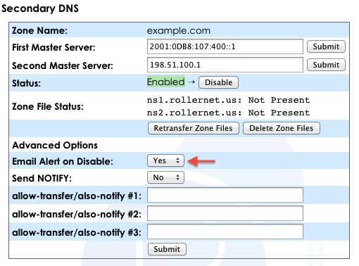 New Secondary DNS feature: Email Alert on Disable